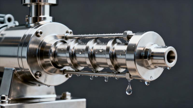 Primer plano de una bomba sanitaria de doble tornillo de acero inoxidable pulido con un flujo de producto suave, para uso en las industrias alimentaria, láctea y farmacéutica.